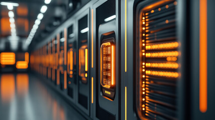 This image shows a close-up view of a modern data center with rows of server racks illuminated by bright orange LED lights, giving a high-tech and futuristic appearance.