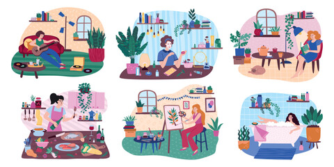 Obraz premium Home relax. Work at house. Freelancer job. Yoga exercise. Cosmetic routine. Girl hobby. Woman stay online at quarantine. Person bathing or painting at easel. Vector domestic scenes set