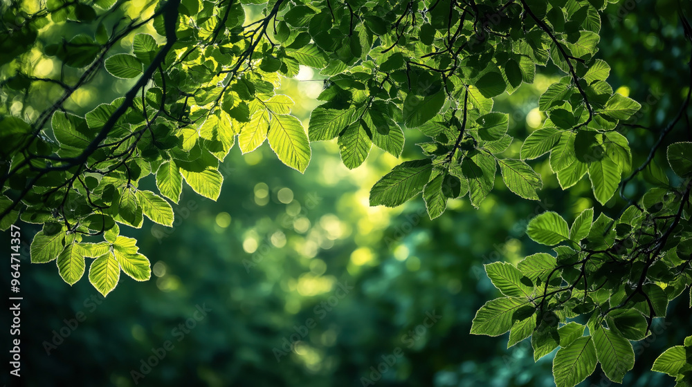 Poster Close-up of vibrant green leaves with sunlight filtering through, creating a serene and natural backdrop in a forest setting.