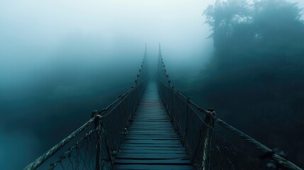 Obraz premium Narrow, creaky bridge over a fog-shrouded ravine, the mist hiding the abyss below, creating a cinematic sense of foreboding and introspection