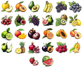 Antique style ink and watercolor artwork of 26 different fruits, isolated on transparent background