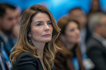 Obraz premium Woman with long brown hair and a serious expression is sitting in a crowd. The crowd is made up of people wearing suits and ties, and some are wearing ties with a bow