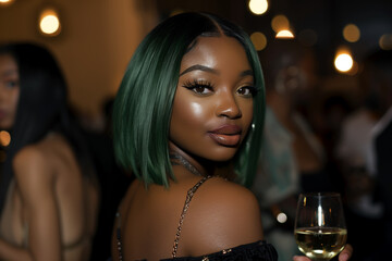 Fototapeta premium African American woman with green bob hair, wearing a black off-the-shoulder top and holding a wine glass at a nightclub party.