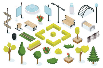 City park constructor 3d isometric mega set in isometry graphic design. Collection elements of fountain, road pointing, banner, benches, trash can, trees, plants, fences, other. Vector illustration.