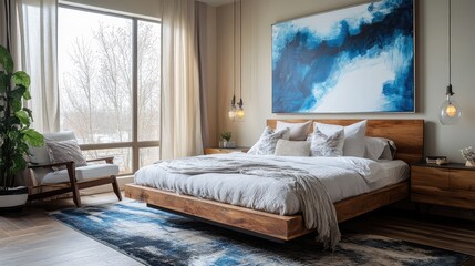 Bedroom with a large blue abstract artwork, light beige and silver tones, recycled material murals, and dark white and maroon decor, tranquil design