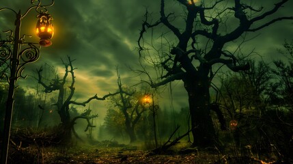 Eerie Lantern-lit Forest