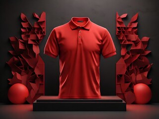 Mock up 3D red polo shirt on a black background podium with light smoke.