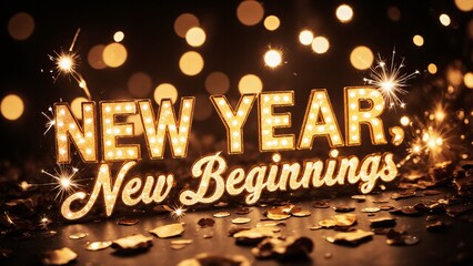 Glowing "New Year, New Beginnings" sign with golden lights and festive sparklers