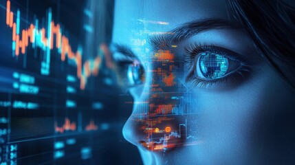 Detailed shot of a woman's eyes overlaid with stock market data and graphs, representing financial analysis, technology, and data insights.