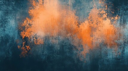 An abstract, grungy background with orange glitch noise set against a blue, scratched texture with...