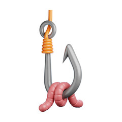 Premium fishing hook and worm icon 3d rendering on isolated background