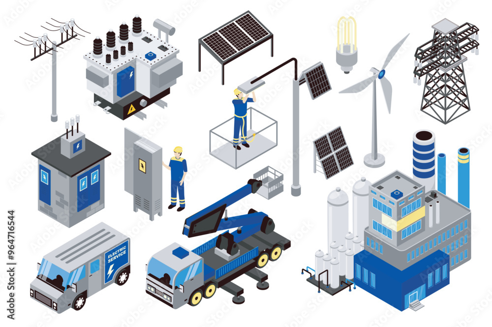 Poster electricity 3d isometric mega set in isometry graphic design. collection elements of power line, tra