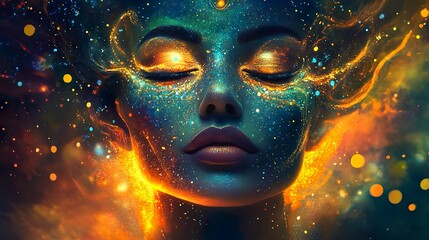 Cosmic portrait of woman with glowing nebula and stars