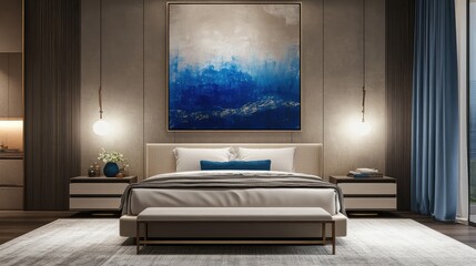 Modern bedroom with a large blue abstract artwork, light beige and silver tones, calming decor with...