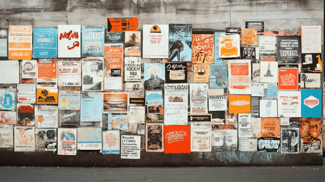 A wall covered with various colorful posters and flyers. The posters display different designs, texts, and images, creating a vibrant and eclectic collage.