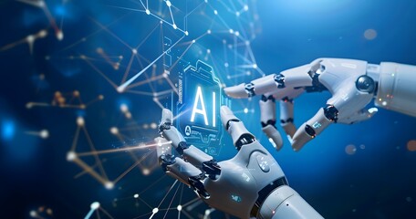 AI, Machine learning, Hands of robot and human touching on big data network connection background, Science and artificial intelligence technology, innovation and futuristic.