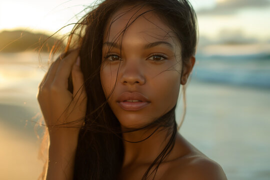 Brunette ebony model with long dark hair and perfect tan skin is posing on a beach. Close up of a brunette African american model standing by the seaside.