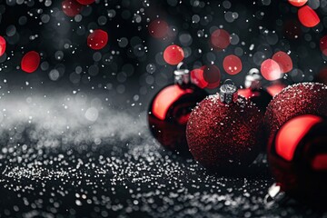 Red Christmas ornaments with snow and bokeh