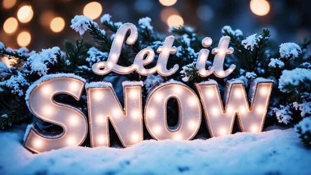 A glowing "Let it Snow" sign surrounded by snow and festive lights