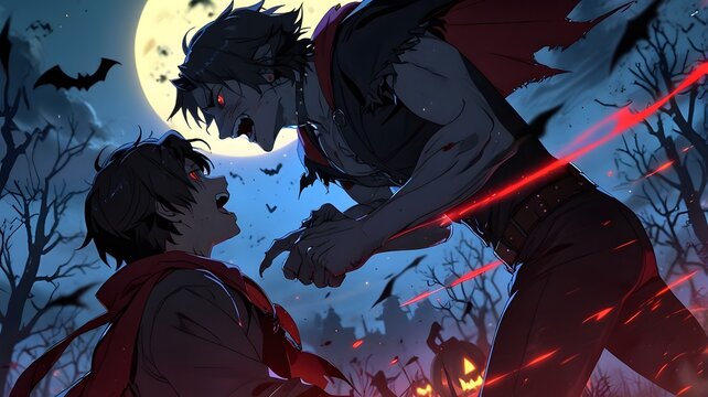 A spooky Halloween battle between a vampire and a werewolf perfect for Halloween