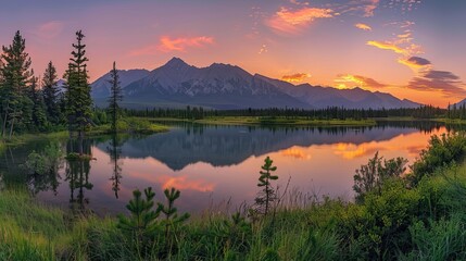 Fototapeta premium Majestic Mountain Landscape with Sunset Reflection on Calm Lake Surrounded by Forest and Clear Sky