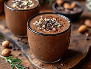 Chocolate smoothie with almond milk, cacao powder, and a sprinkle of hemp seeds, brain-boosting drink, indulgent and healthy