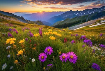 Obraz premium breathtaking mountain vistas adorned vibrant wildflowers full bloom clear blue sky, adventure, alpine, beauty, blooming, cloud, colorful, exploration