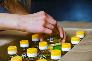 many bottles of sunflower oil background