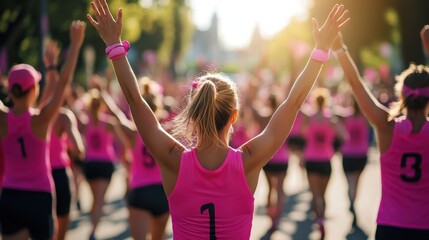 Breast cancer awareness marathon, runners wearing pink and raising their arms in unity, copy space