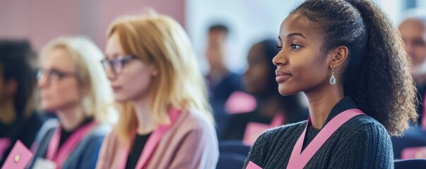 Obraz premium Breast cancer awareness seminar with diverse attendees, pink ribbons on display, copy space