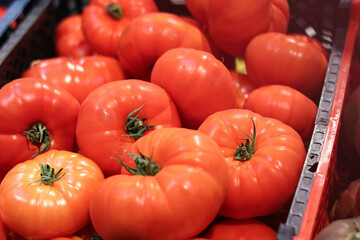 Red tomatoes on the store counter 
