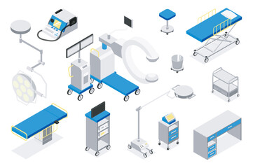 Operating room 3d isometric mega set in isometry graphic design. Collection elements of couch, lamp, monitoring system, tables, stretcher, x-ray, surgery equipment, other tools. Vector illustration.