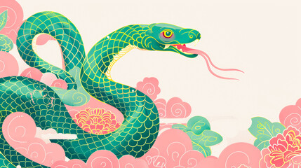 Obraz premium Beautiful striking green snake winding amidst soft pink clouds, embodying the essence of Chinese New Year 2025 with rich traditional artistry. Greeting card, copy space