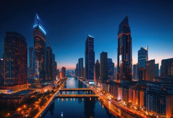 Obraz premium vibrant cityscapes dusk showcasing dazzling lights colorful skies filled urban energy architectural beauty, skyline, architecture, buildings, horizon, sunset
