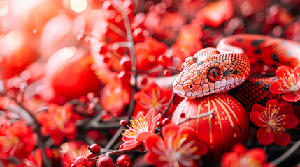 Beautiful red snake among pink sakura blossoms, symbolizing prosperity and protection during the Chinese New Year festivities 2025. Greeting card. Copy space.