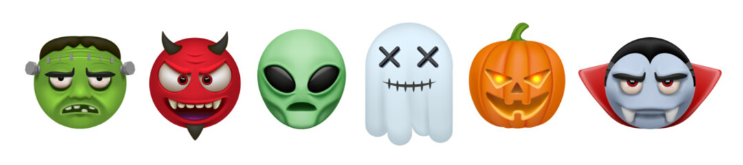 Halloween characters. 3d emoji monster, vampire and cute zombie costume, face emoticon expression. Funny ghost and spooky pumpkin, creepy alien and devil head. Vector isolated cartoon elements