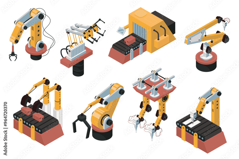 Poster Robot automation 3d isometric mega set in isometry graphic design. Collection elements of different types robotic arms and tools for automatic manufacturing and conveyer lines. Vector illustration.