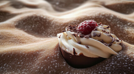 Decadent chocolate dessert topped with whipped cream and fresh raspberries on a textured fabric