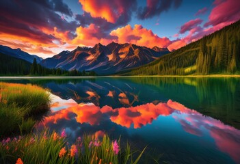 Naklejka premium vibrant sunset reflection tranquil mountain lake surrounded majestic peaks lush forests, water, trees, sky, clouds, colors, nature, landscape, evening