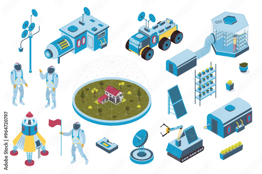 Poster space colonization 3d isometric mega set in isometry graphic design. collection elements of astronau