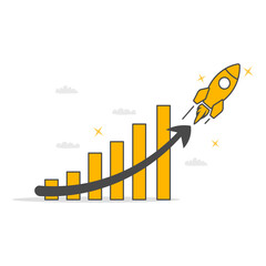 Financial report chart with exponential arrow from flying rocket.