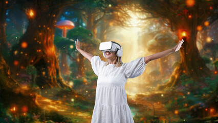 Excited woman wearing VR with stretching arms getting fresh air in wonderland fairytale forest...