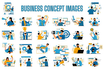Business concept. Corporate management. Startup and project presentation. Teamwork brainstorm. Job discussion. Software development. Businessmen communication. Vector company managers set