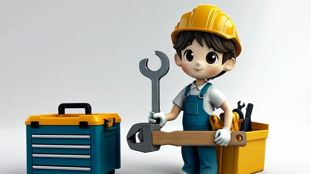 cartoon character workman with yellow hardhat, overalls and a toolbag