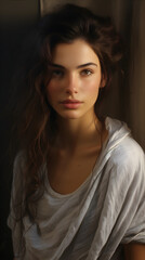 Fototapeta premium A serene woman with tousled hair and soft expression sits near a window, her surroundings illuminated by gentle, natural light, exuding calm and peace.