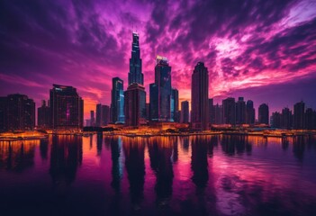 Fototapeta premium stunning vibrant city skyline dusk illuminated bright lights creating spectacular urban vista, view, architecture, buildings, landscape, evening, illumination