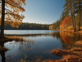 Peaceful autumn lake with golden trees reflecting in calm water under clear blue sky