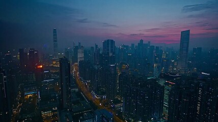 Obraz premium An urban landscape at midnight with skyscrapers illuminated against the twilight sky, landscape, color grading, aerial view, HDR, UHD, 64K, AI Generative