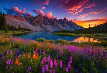 stunning vibrant sunsets casting warm hues over serene majestic mountain vistas surrounded lush greenery clear skies, landscape, sky, color, clouds