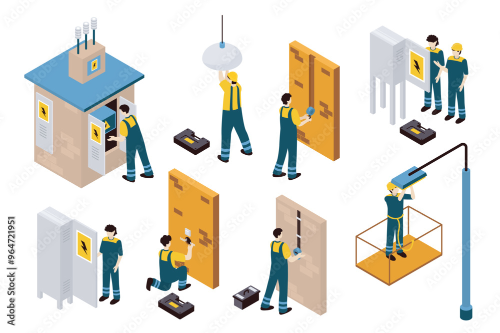 Poster Technician electrics 3d isometric mega set in isometry graphic design. Collection elements of transformer booth, lamp repair, cables fixing, wiring, electrician service, other. Vector illustration.